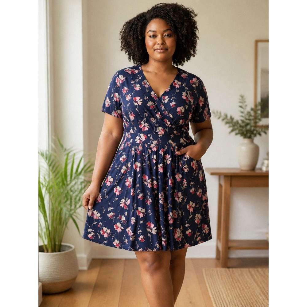 Lands End Navy Pink Floral Faux Wrap Fit Flare Dress Pockets 10-12 Medium Womens